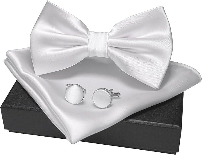 JEMYGINS Solid Color mens Pre-tied Bow Tie and Pocket Square Cufflinks Sets with Gift Box
