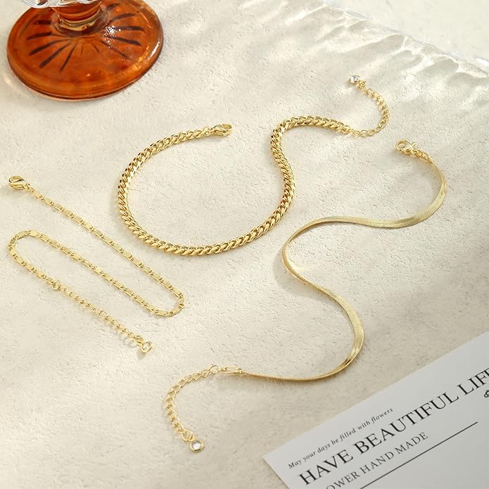 2/3 PCS Gold Anklets for Women Waterproof Cuban Link Anklet Beaded Bracelets Stackable Bracelets 14K Gold Plated Custom Jewelry Gifts Non Tarnish Lightweight