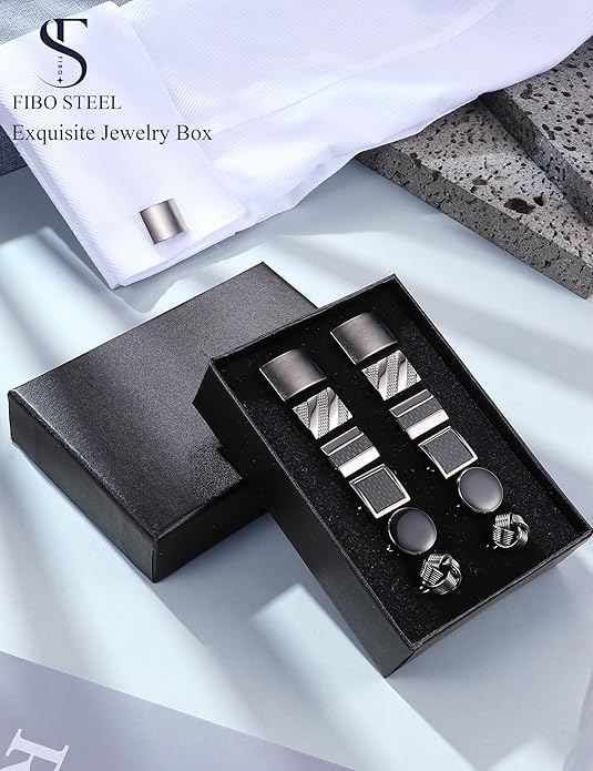FIBO STEEL Cufflinks for Men Classic Black Cufflink Set Unique Round Square Rectangle Cuff Links for Business Shirt Formal Wedding Tuxedo Groom Suit Accessories Men Present