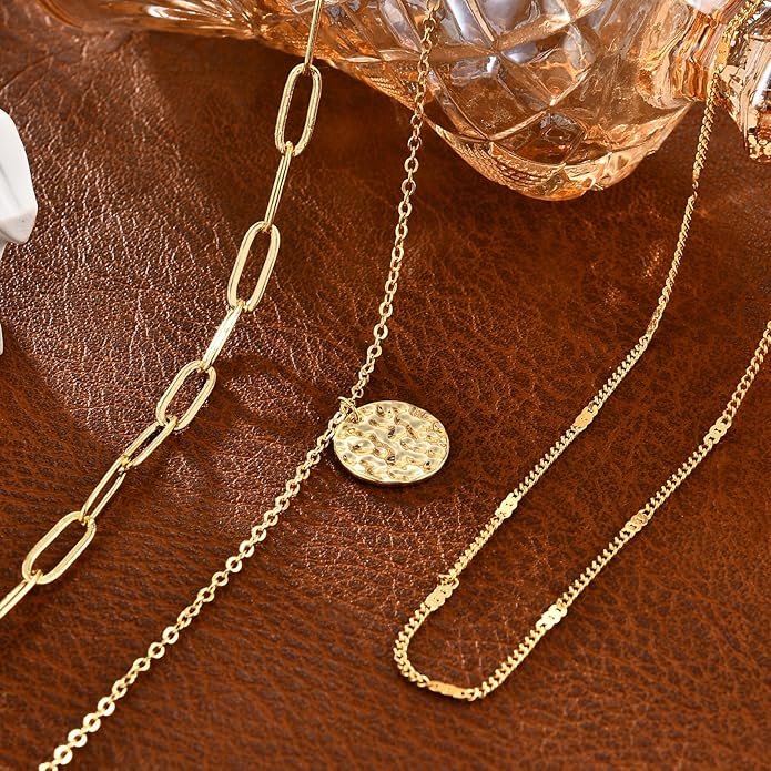 Gold Layered Necklaces for Women, 14K Gold Plated Dainty Necklace Set with Paperclip, Adjustable Trendy Gold Jewelry Stackable Gift