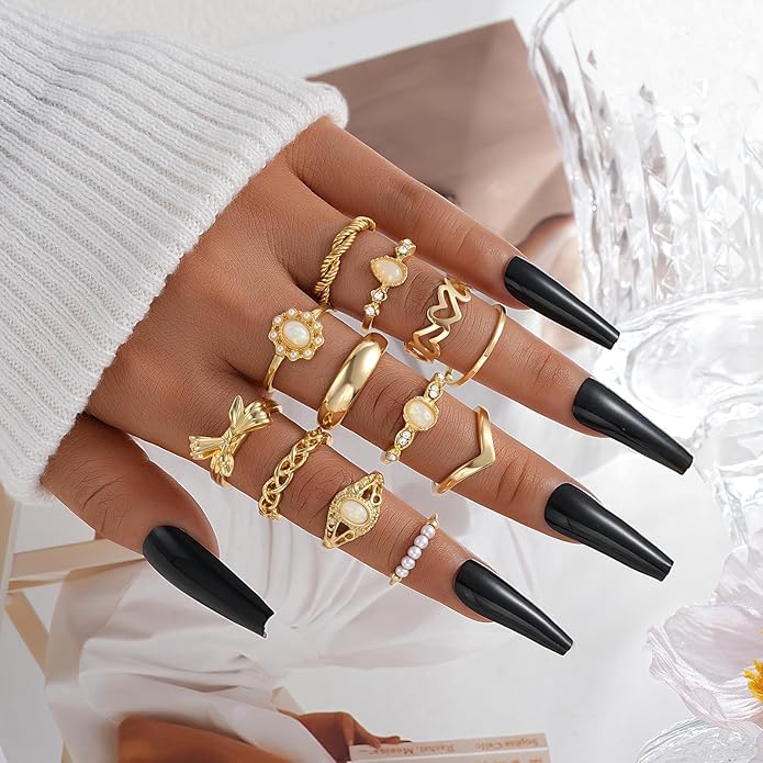 FAXHION Gold Knuckle Rings Set for Women Snake Chain Stacking Ring Vintage BOHO Midi Rings SIze Mixed