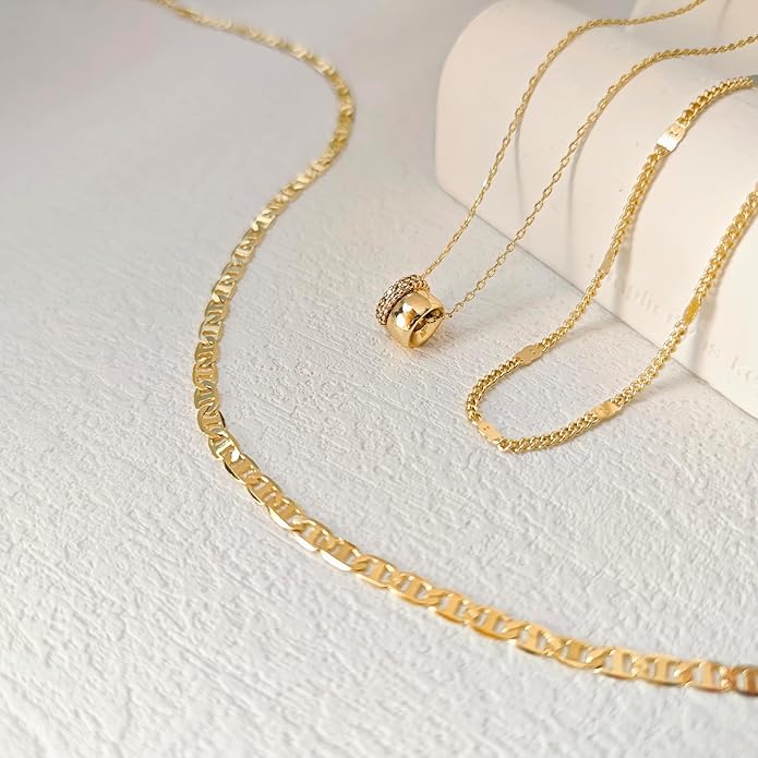 OGD Layered CZ Rondelle Pendant Necklaces for Women, 14K Gold Plated Trendy Mariner Chain Dainty Circle Rondelle Pendant Choker Necklace for Women Two-Toned Cubic Zirconia Gold Necklace