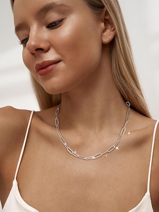MBW Silver Paperclip Chain Necklace for Women,Dainty Sterling Silver Choker Necklaces for Women Trendy Simple Long Chunky Minimalist Waterproof Link Necklace Jewelry Gifts for Women 16/18/20 in