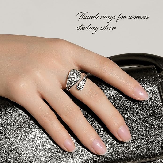 Spoon Ring Sterling Silver Hummingbird Ring Vintage Antique Spoon Rings Adjustable Thumb Rings for Women