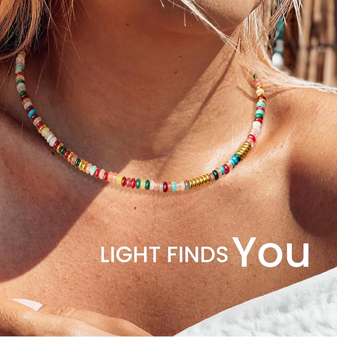 AGOT Beaded Gemstone Necklace for Women: Boho Bead Choker Natural Stone Necklaces - Handmade Jewelry for Summer Beach