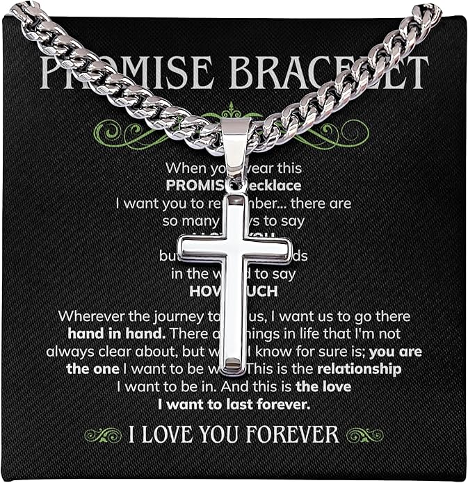FLAGISTA Promise Cross Necklace for Him – Stainless Steel Cross Pendant with Cuban Link Chain, Meaningful Promise Gift for Husband, Boyfriend or Loved One.