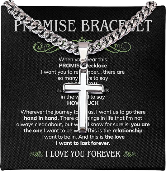 FLAGISTA Promise Cross Necklace for Him – Stainless Steel Cross Pendant with Cuban Link Chain, Meaningful Promise Gift for Husband, Boyfriend or Loved One.