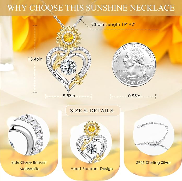 MOOSEA Sunflower Gifts for Her- 925 Sterling Silver Moissanite Sunflower Necklace Anniversary Birthday Gifts for Women Wife Girlfriend You Are My Sunshine Gifts Sunflower Jewelry