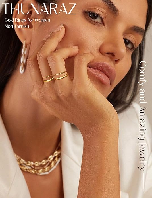 THUNARAZ 14K Gold Filled Rings Stacking Rings for Women Stackable Thin Gold Ring Plain Pinky Thumb Midi Statement Band Ring Comfort Fit 4Pcs 1mm 2mm 3mm 5mm