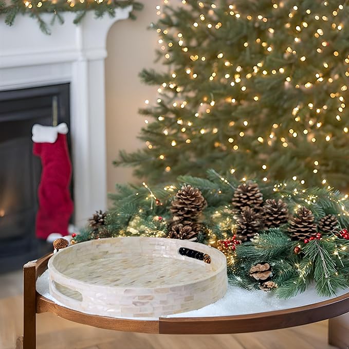 PEMAR 12.6” Mother of Pearl Round Serving Tray with Handles, Decorative Nacred Wooden Ottoman Coffee Table Tray (White Tiles)