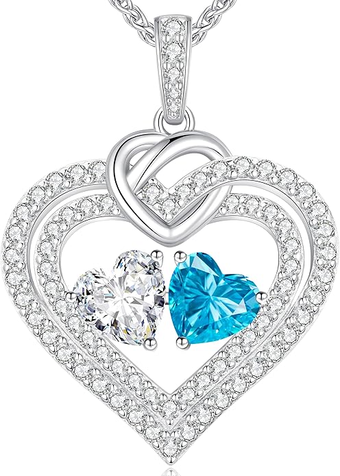 LOUISA SECRET Sparkling Double Heart Birthstone Necklaces for Women, 925 Sterling Silver Fine Jewelry, Pendant Heart Necklaces Birthday Anniversary Christmas Gift for Women Wife Mom Girlfriend Lady
