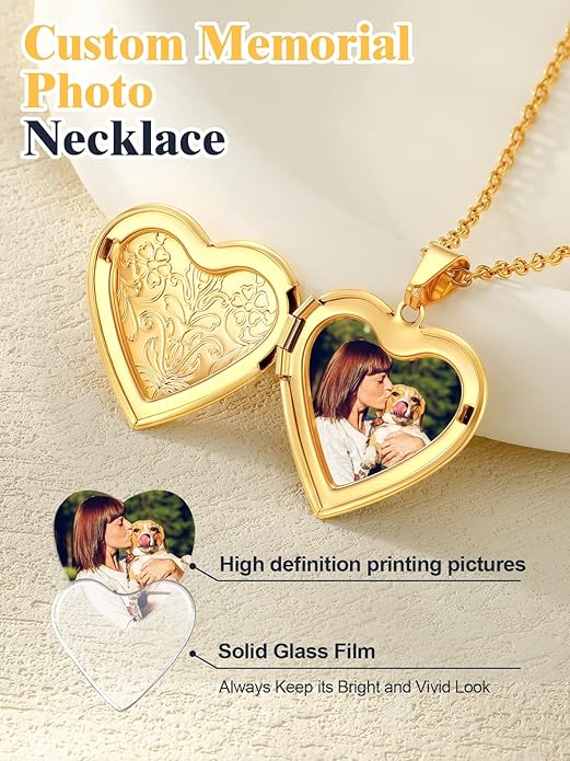 U7 Women Locket Necklace Platinum 14K Gold Photo Lockets that Hold Picture,Chain 20 Inch Personalized Gift Custom Love Heart Image Necklaces