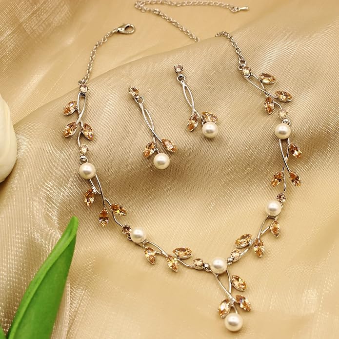 Luxury Cubic Zirconia Aurtrian Crystal Pearl Floral Necklace Dangle Earrings Wedding Bridal Jewelry Set Birthday Gifts for Her
