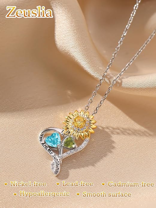 Zeuslia Double Birthstone Necklace Gifts for Wife - 925 Sterling Silver Sunflower/Rose/Crown Cross/Compass/Heart Pendant I Love You Necklace, Anniversary Birthday Gifts for Wife Girlfriend Mom Her