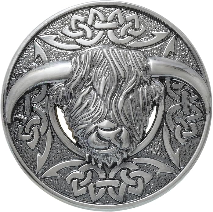 Highland Cow Kilt Brooch with Celtic Knot - Traditional Scottish Helian Coo Plaid Brooches for Men – Handcrafted Tartan Sash Pin, Luxurious Accessory for Women’s Dress