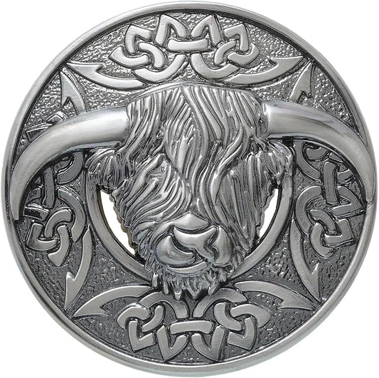 Highland Cow Kilt Brooch with Celtic Knot - Traditional Scottish Helian Coo Plaid Brooches for Men – Handcrafted Tartan Sash Pin, Luxurious Accessory for Women’s Dress