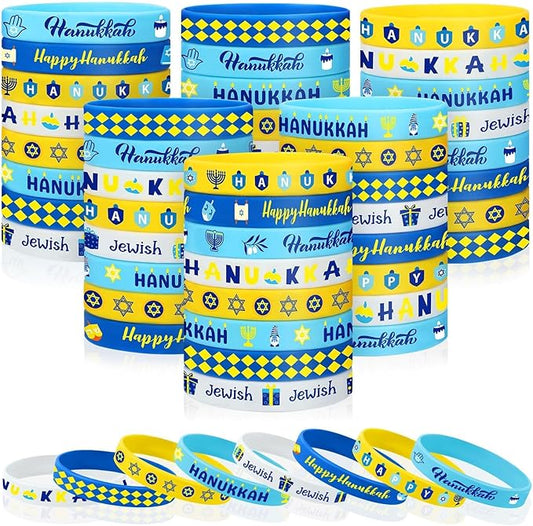 JUNEBRUSHS 64pcs Hanukkah Party Favors Silicone Bracelets Rubber Canukkah Rubber Wristbands for Hanukkah Party Gift Fillers Decorations Supplies(8 Designs)