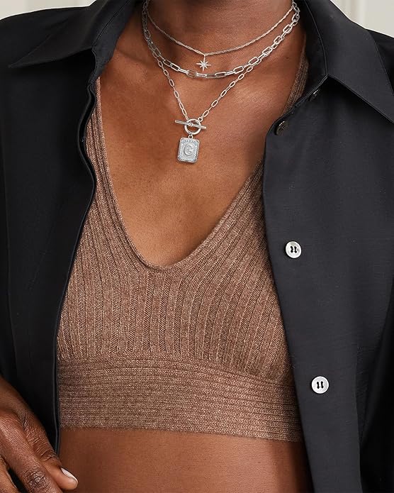 MJartoria Layered Initial Necklaces for Women Trendy, 14K Gold Plated Brass Simple Star Choker Square Letter Pendant Necklace, Paperclip Chain Necklaces Jewelry Gifts