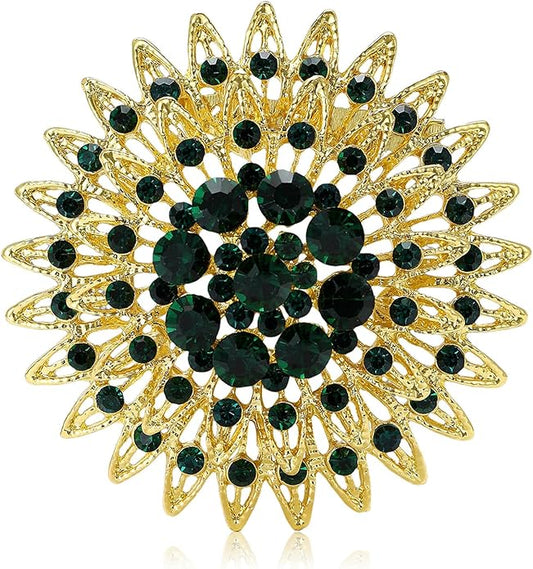 Vintage Rhinestone Round Flower Brooch Pin for Women,Sparkling Floral Lapel Pins Fashion Crystal Cluster Brooches Elegant Dress Accessories Christmas Wedding Jewelry