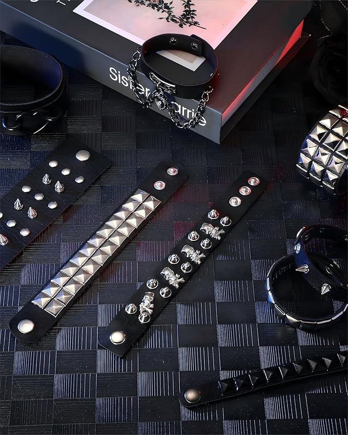 Hicarer 9 Pieces Spiked Studded Bracelet Black Leather Rivet Punk Bracelet Cuff Wrap Bangle Snap Button Metal Wristband for Men Women