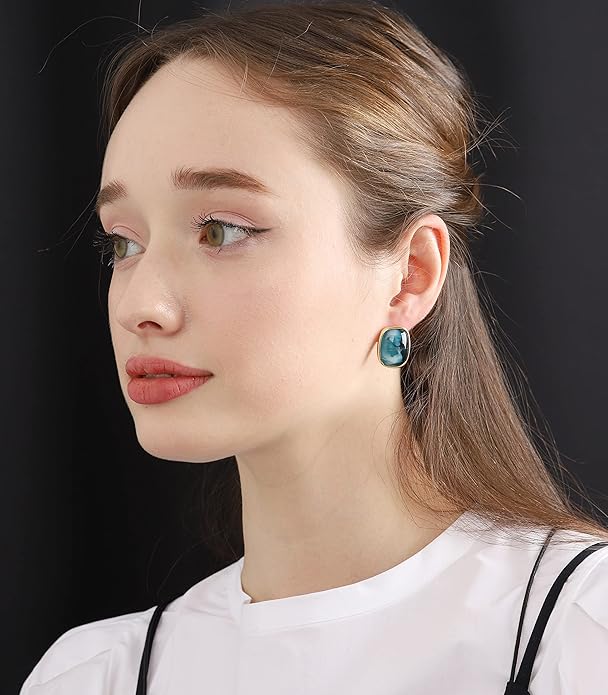 M.DUN- Round Edges Rectangle Shape Studs Earring. Abalone Amber Turquoise Resin Stone Design, 18k Real Gold Plated Bezel, Hypoallergenic Gorgeous Gift for Women