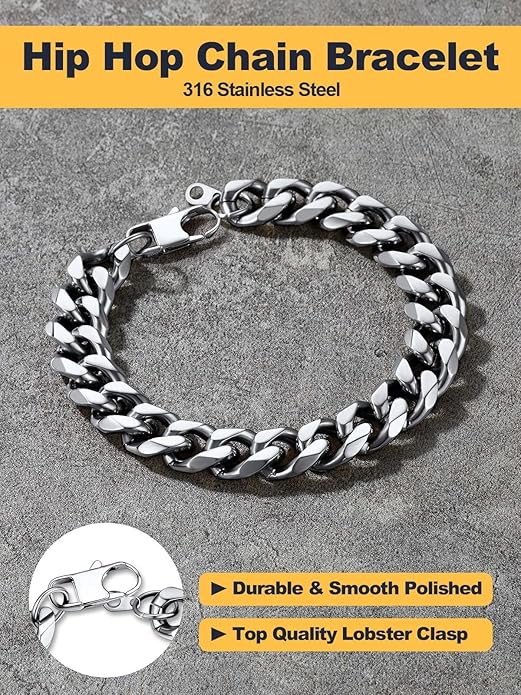 U7 Link Bracelets for Men, Cuban Link/Rope/Watch Band Solid Bracelet, Silver Black Gold Color Wrist Bracelet 3/6/9/12/15mm Width, 6.5/7.5/8.3 Inch Length, Hand Chain Jewelry for Mens Women
