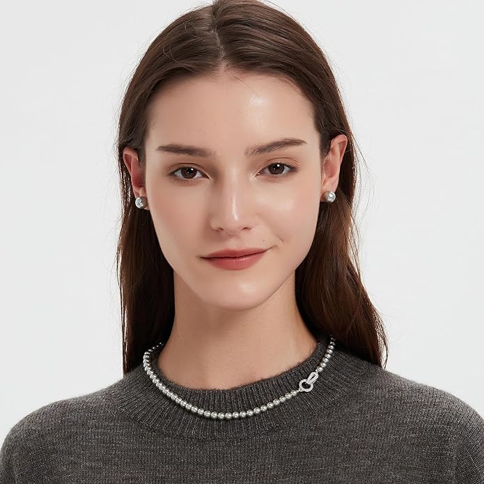 Pearl Necklace 18 inch and Pearl Earrings Studs, Lustrous Gorgeous Imitated Silver/White Pearls Jewelry Set For Women