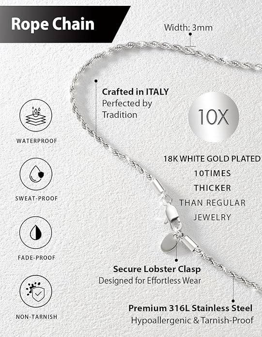 KRKC&CO Rope Chain Necklace for Men, Packaging with Gift Box & Card on Birthday from Mom Dad, 18K / White Gold Plated Chains, Hypoallergenic 316L Stainless Steel, Durable Men Jewelry, 3mm 16-26in