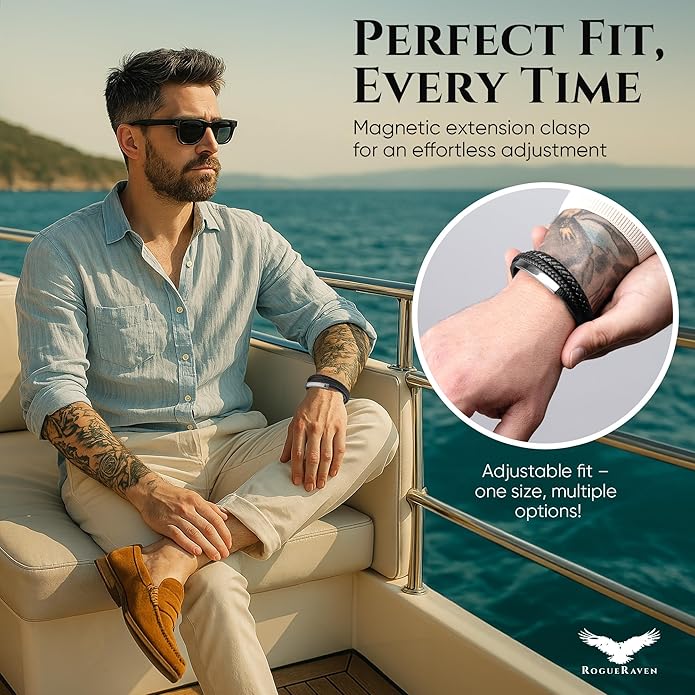 RogueRaven Black Leather Bracelet for Men – Premium Collection – Brown Black Gold Silver | Genuine Leather Mens Bracelet with Stainless Steel Clasp [Adjustable] | In Luxury Gift Box