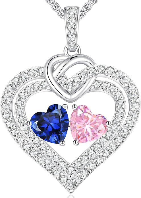 LOUISA SECRET Sparkling Double Heart Birthstone Necklaces for Women, 925 Sterling Silver Fine Jewelry, Pendant Heart Necklaces Birthday Anniversary Christmas Gift for Women Wife Mom Girlfriend Lady