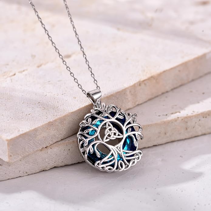 Tree of Life Pendnat Sunflower/Celtic Necklace with Blue Crystal Tree Jewelry Gifts for Women