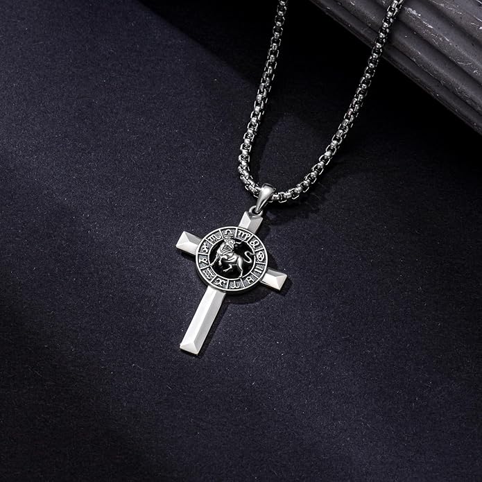 MEIDERBO Cross Zodiac Necklace 925 Sterling Silver 12 Constellation Horoscope Astrology Pendant Necklace Zodiac Sign Jewelry Gifts for Men Women