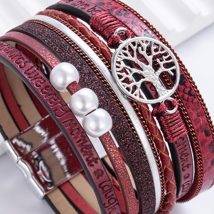 FANCY SHINY Tree of Life Leather Wrap Bracelet Inspirational Cuff Bangles Boho Pearl Bracelets with Magnetic Clasp Unique Jewelry Gifts for Women