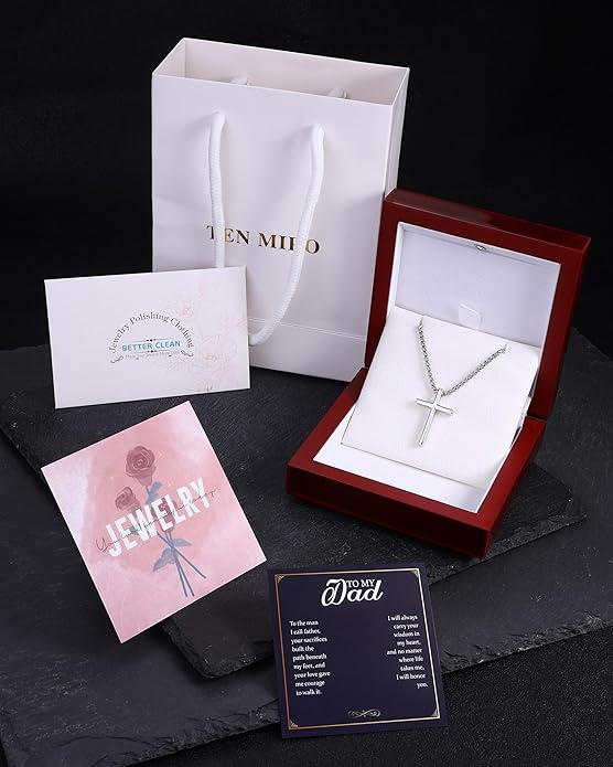 TEN MIRO S925 Sterling Silver Cross Necklace for Men Solid Sterling Silver Cross Pendant Necklace Boys Mens Cross Necklace Jewelry Gifts with Box & Card Birthday Anniversary Christmas Father's Day