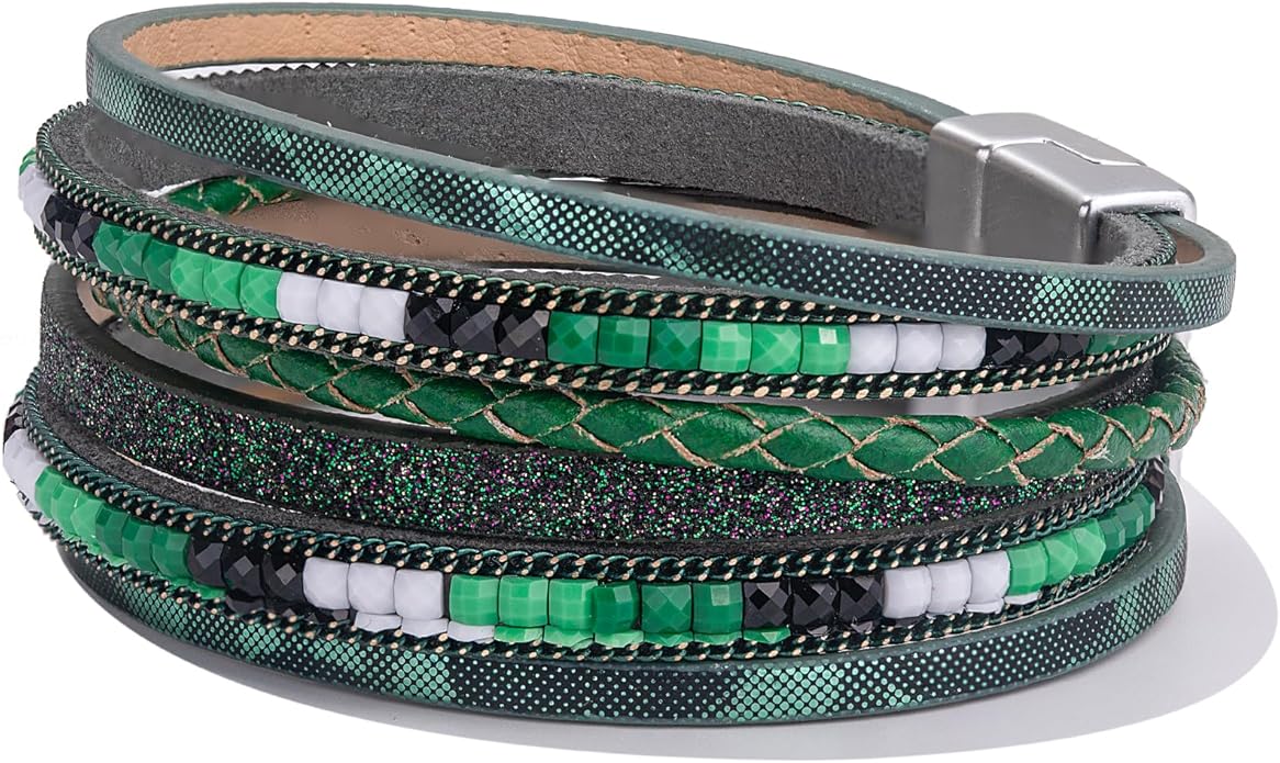 FANCY SHINY Boho Leather Wrap Bracelets Trendy Layered Bracelets with Magnetic Clasp Strackable Bohemian Jewelry Gifts for Women