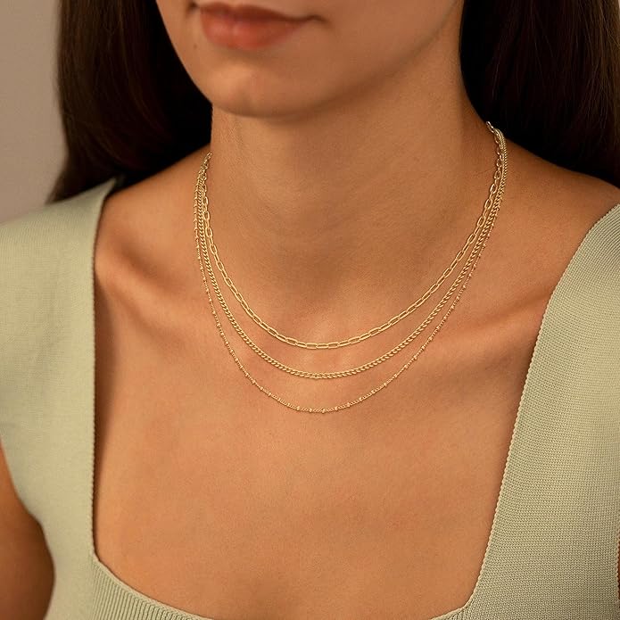 Gold/Silver Necklaces Stack For Women, 14K Gold/Sterling Silver Plated Layered Choker Necklace Set, Stackable Multilayer Simple Cuban Snake Paperclip Chain Set Jewelry Gift for Women