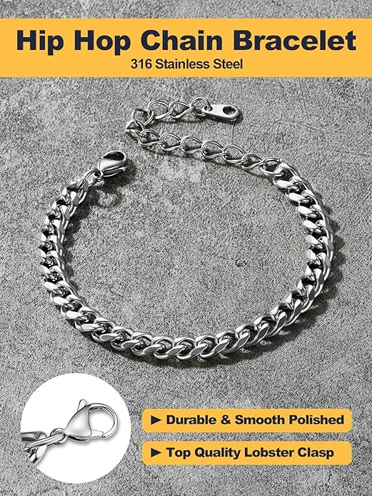 U7 Link Bracelets for Men, Cuban Link/Rope/Watch Band Solid Bracelet, Silver Black Gold Color Wrist Bracelet 3/6/9/12/15mm Width, 6.5/7.5/8.3 Inch Length, Hand Chain Jewelry for Mens Women