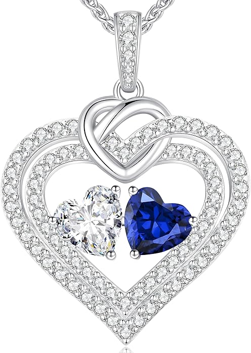 LOUISA SECRET Sparkling Double Heart Birthstone Necklaces for Women, 925 Sterling Silver Fine Jewelry, Pendant Heart Necklaces Birthday Anniversary Christmas Gift for Women Wife Mom Girlfriend Lady