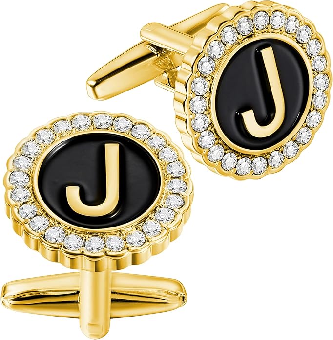 HAWSON A-Z Initial Cufflinks for Men and Women with Clear Crystal, Gold Silver Color Rasied Letter A-Z Cuff Links for French Shirt, Gift for Normal and Business Wearing