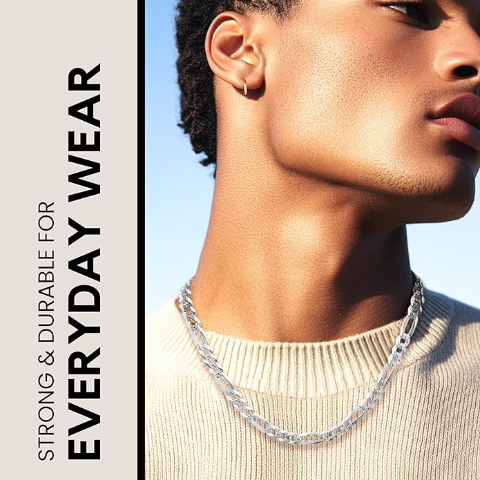 KISPER 925 Sterling Silver Figaro Chain for Men - 5mm Diamond Cut Italian Necklace, Mens Sterling Silver Necklace with Lobster Clasp, Made in Italy
