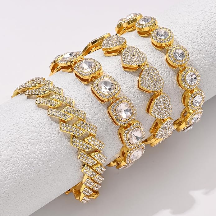 4-PCS Cuban Link Bracelets for Women,Diamond Tennis Bracelet Set,14K Gold Plated Layered Stackable Jewelry, Adjustable Bling Gift Set for Women
