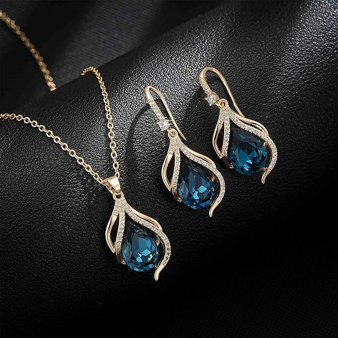 EVEVIC Austrian Crystals Teardrop Hollow Twisted Pendant Necklace Earrings for Women 14K Gold Plated Halo Drop Dangle Earrings Hypoallergenic Jewelry Set