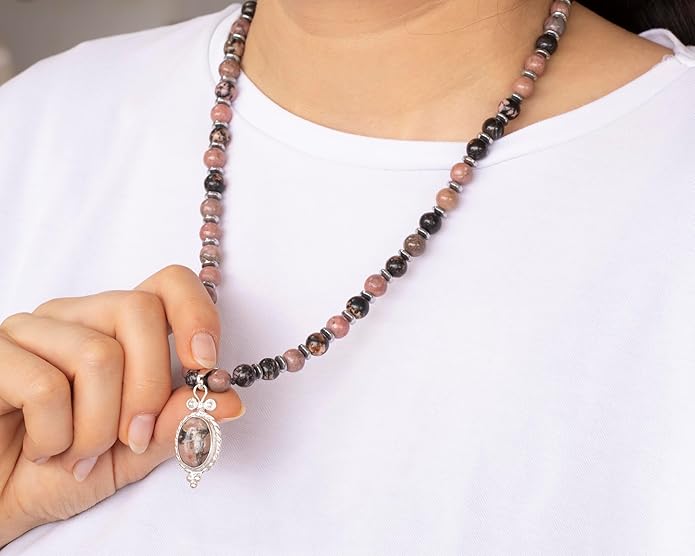 Natural Carnelian Agate Silver Pendant, Genuine Black Onyx Beaded Necklace, Gemstone Strong Necklace, 18x13 Cabachon, Fashion Dainty Jewelry, Healing Crystal Chakra Necklace, Minimalist Necklace