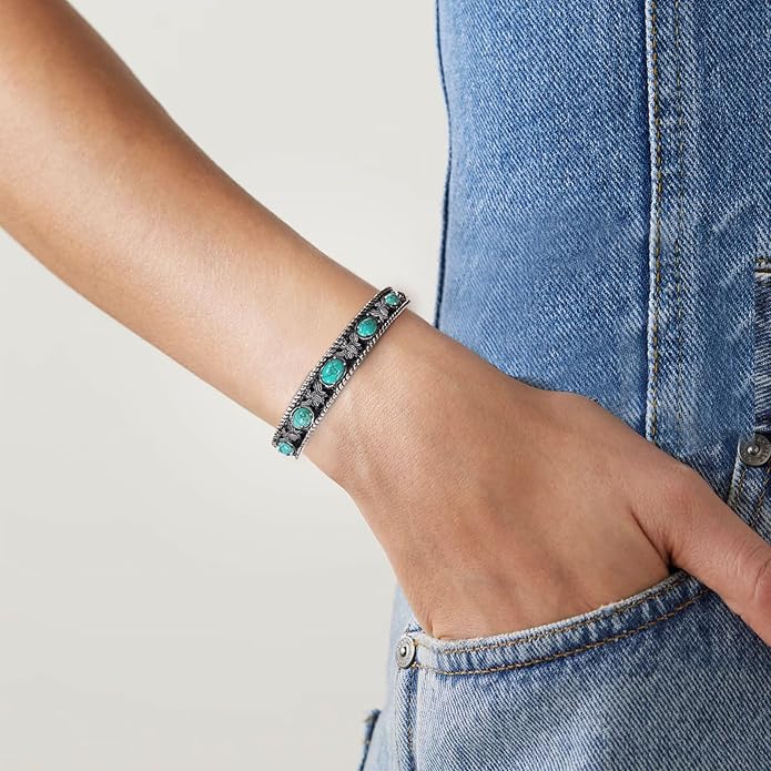 Native American Genuine Turquoise Cuff Bracelet for Women 925 Sterling Silver Turquoise Boho Bangle Adjustable Fit for 6.5 to 7.5 Inch