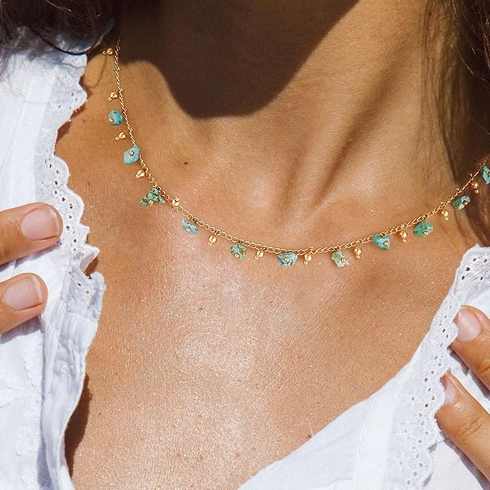 MTMY Beaded Necklaces for Women 14K Gold Plated Dainty Colorful Green/Rose Beaded Pearl Choker Necklace Delicate Boho Choker Necklace Jewelry Gift