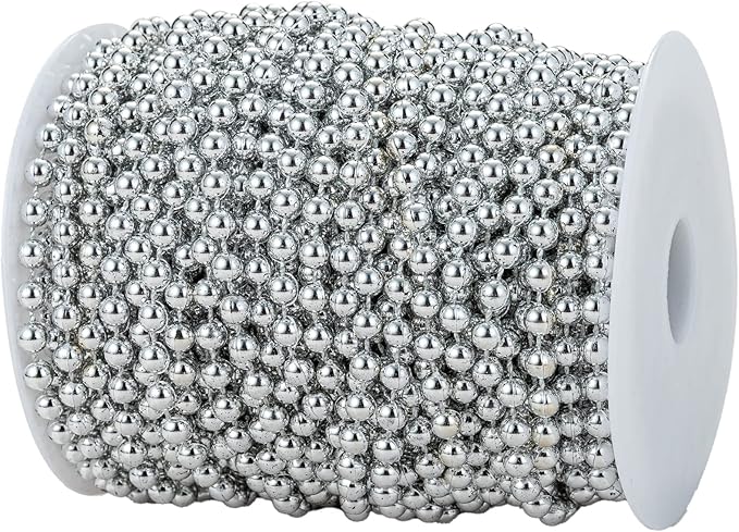 YoungJewl 6mm Crafts Faux Pearl Beads Garland Pearl Bead Roll Strand of Pearls to Decorate Floral Centerpieces Wedding Party Favor Christmas Tree(82Feet Silver)