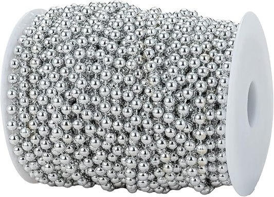YoungJewl 6mm Crafts Faux Pearl Beads Garland Pearl Bead Roll Strand of Pearls to Decorate Floral Centerpieces Wedding Party Favor Christmas Tree(82Feet Silver)