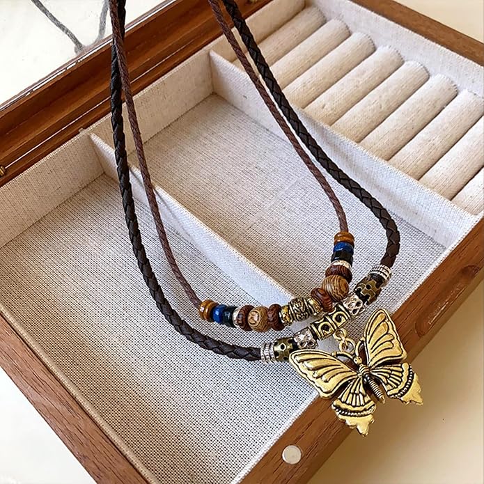 HETICA Boho Necklace for Women, Vintage Butterfly Necklace Adjustable Wooden Beads Layered Braided Necklace Fashion Tribal Style Leather Rope Necklace Jewelry