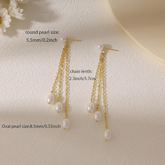 Gold Earrings for Women, 14K Gold Plated Tassel Dangle Earrings for Women Trendy Hypoallergenic Long Chain Earring Dainty Pearl Drop Earrings Elegant Wedding Earring Fashion Jewelry for Womens