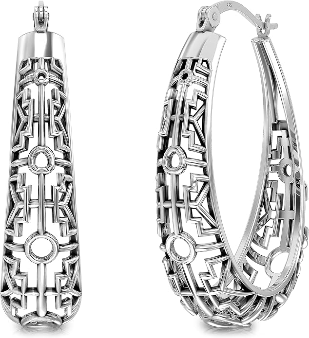 LeCalla 925 Sterling Silver Hoop Earrings for Women | Women's Filigree Hoop Earrings | Antique Oxidized Openwork Mesh Filigree Cut Earring Chunky Hoops | Hypoallergenic Vintage Filigree Oval Hoop Earrings for Women